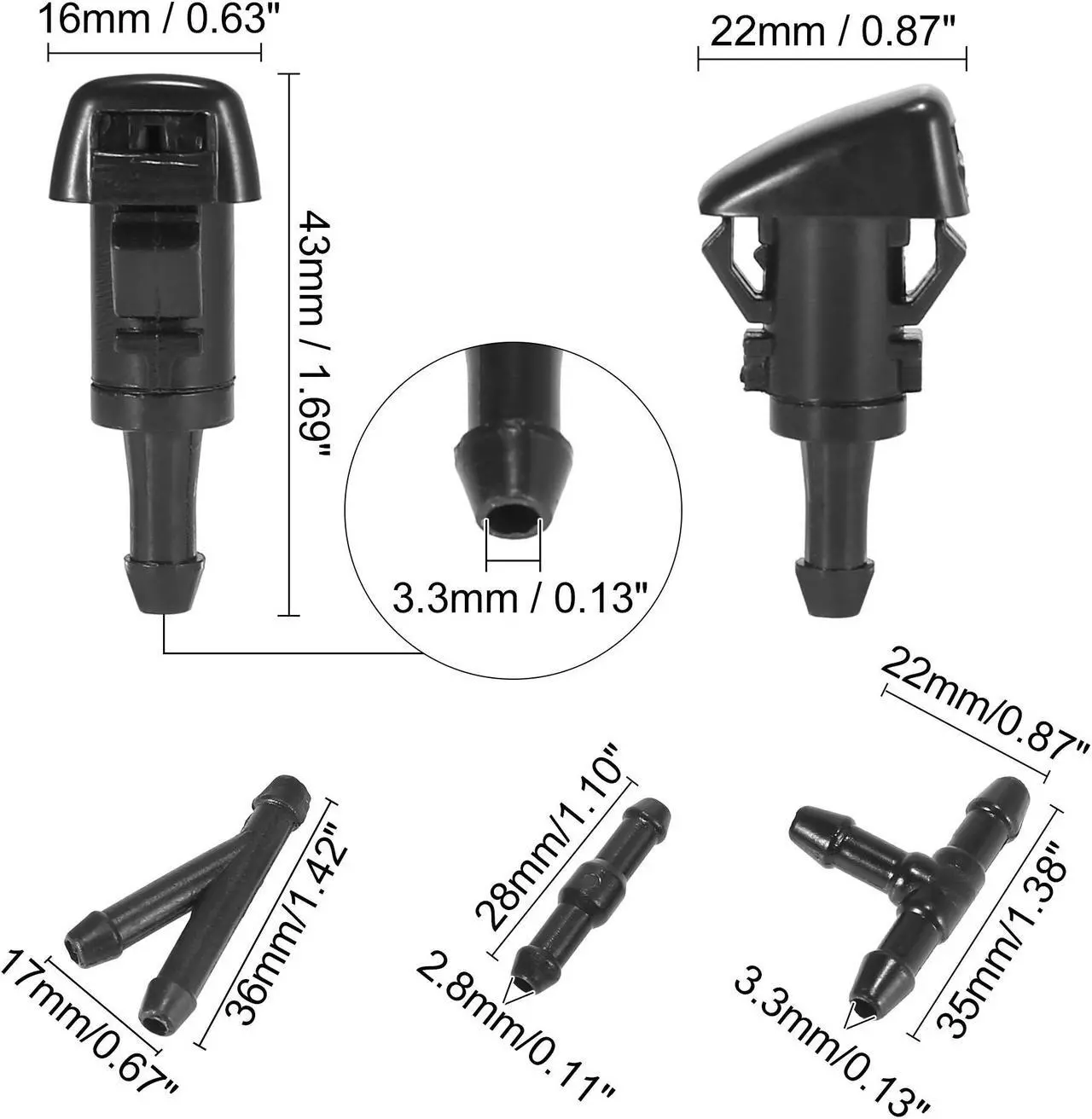 Alt view image 6 of 6 - Front Windshield Washer Nozzles Fit for Chrysler Town & Country with Hose Connector - Pack of 5 Black