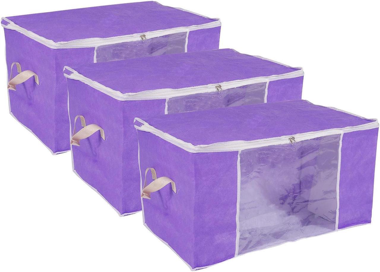 Main image of Clothes Storage Bag 3pcs, Foldable Storage Bins for Clothes, Comforters Storage Bags with Reinforced Handle, Sturdy Zipper, Closet Organizer with Clear Window-Purple