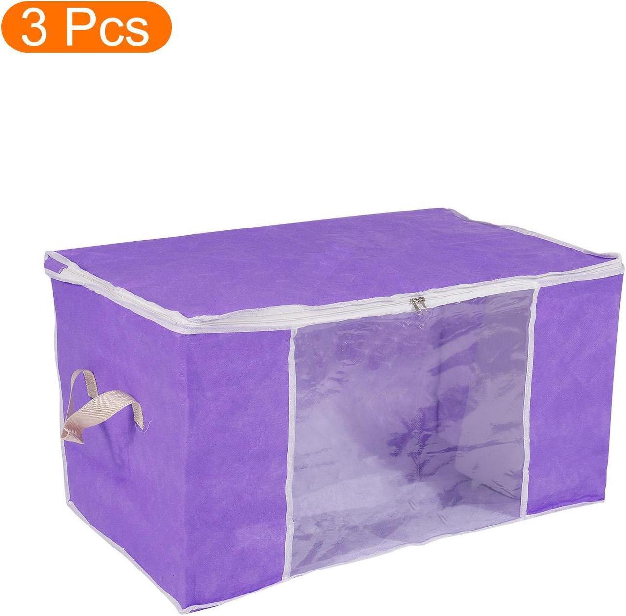 Alt view image 3 of 6 - Clothes Storage Bag 3pcs, Foldable Storage Bins for Clothes, Comforters Storage Bags with Reinforced Handle, Sturdy Zipper, Closet Organizer with Clear Window-Purple