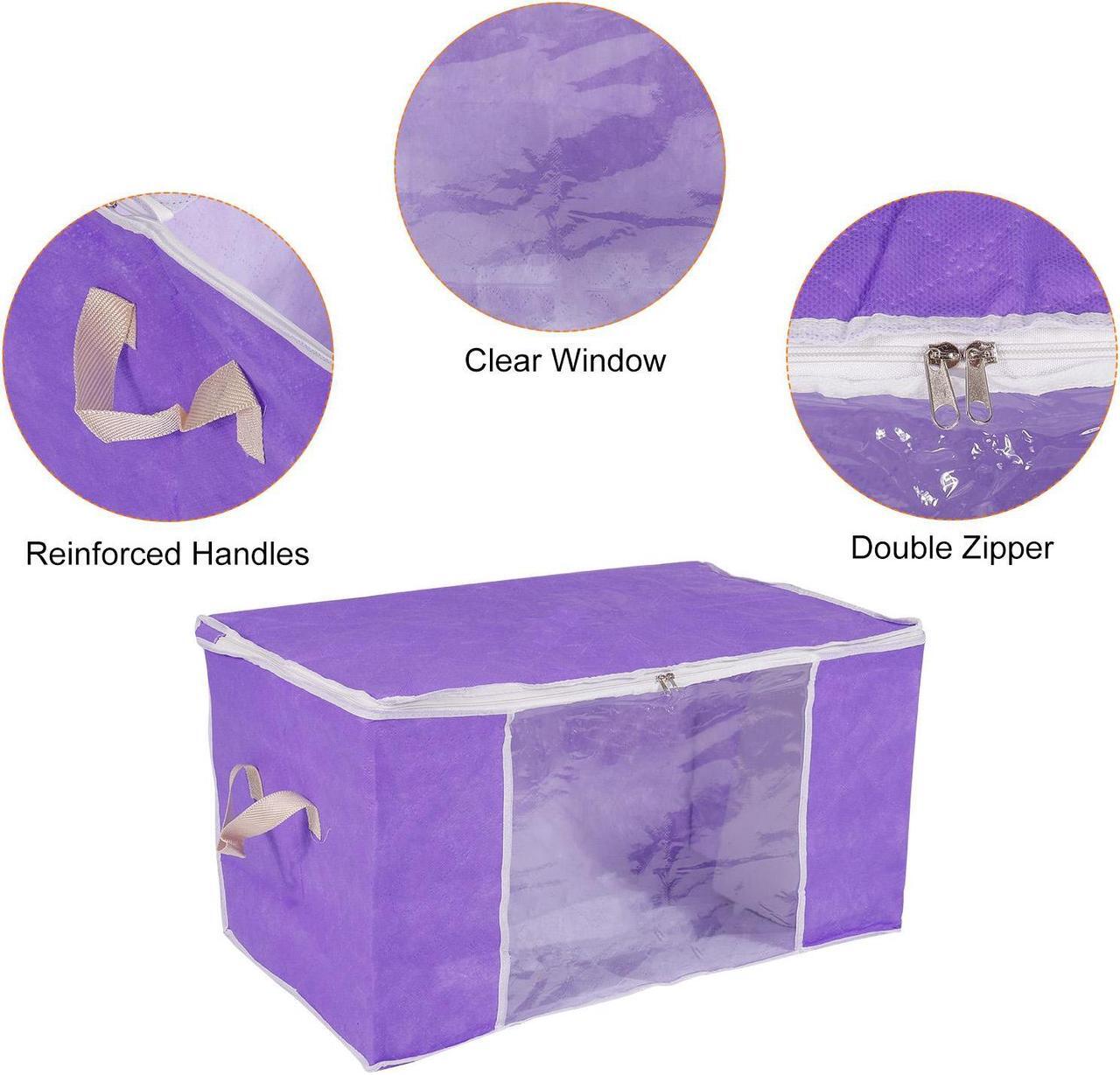Alt view image 4 of 6 - Clothes Storage Bag 3pcs, Foldable Storage Bins for Clothes, Comforters Storage Bags with Reinforced Handle, Sturdy Zipper, Closet Organizer with Clear Window-Purple