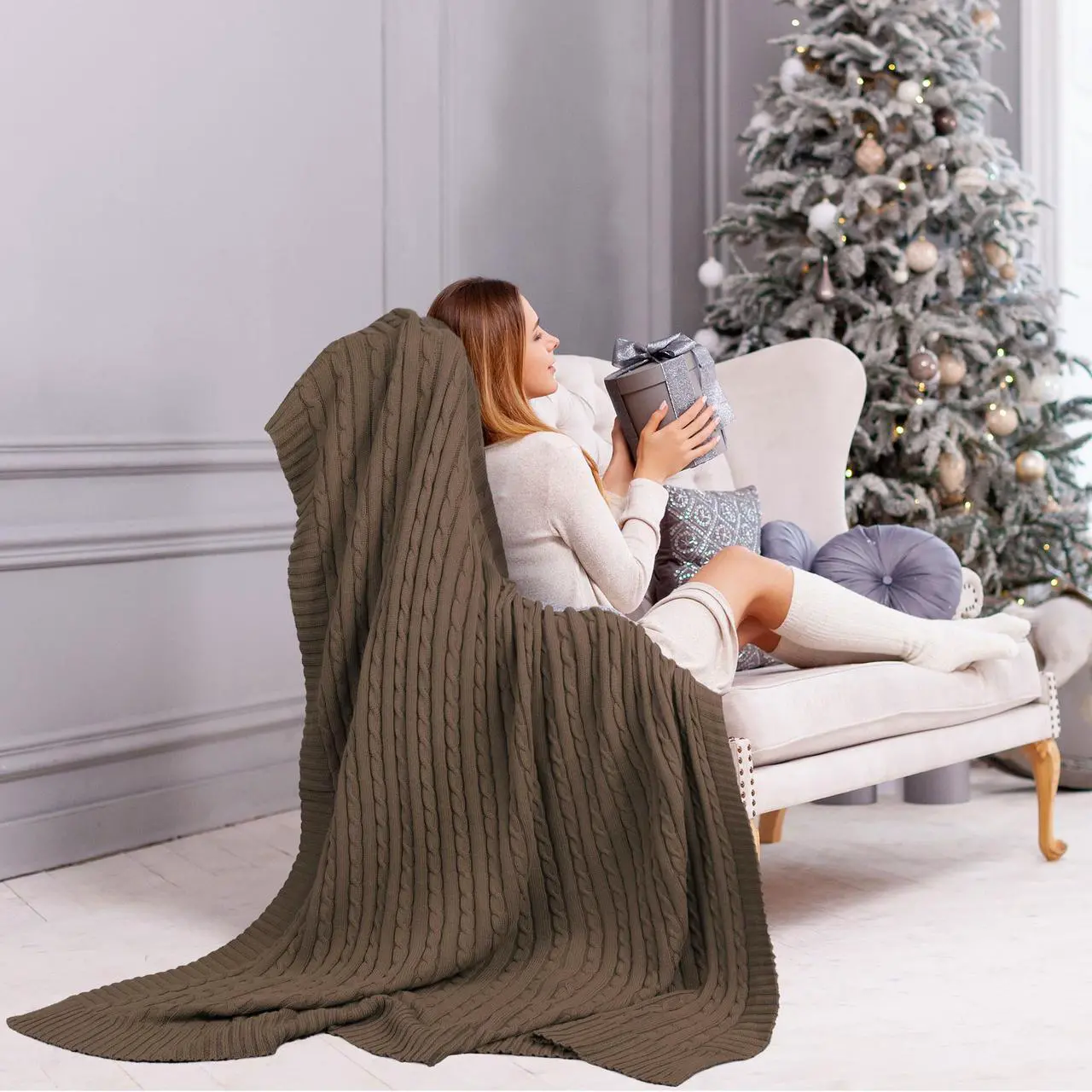 Alt view image 3 of 7 - Cotton Cable Knit Throw Blanket Super Soft Throw Couch Covers Decorative Knitted Blankets for Sofa Bed, Brown Throw(47" x 70")