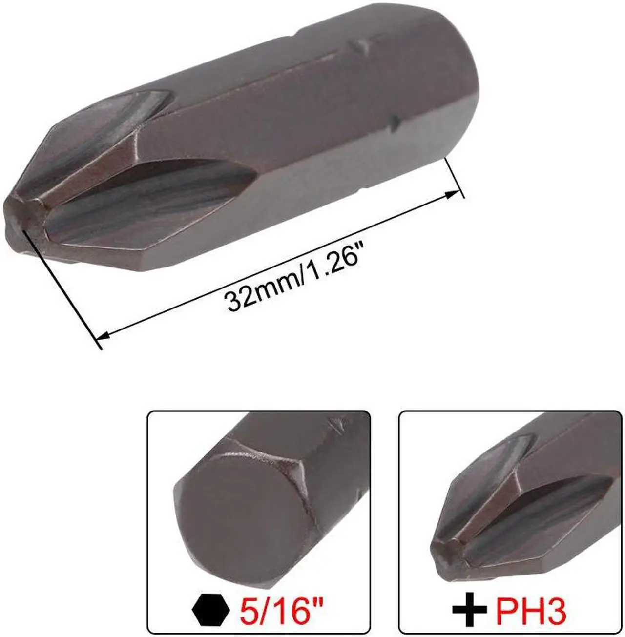 Alt view image 2 of 4 - Phillips Bits 5/16 Inch 8mm Hex Shank 32mm Length Cross PH3 Magnetic Screw Driver S2 Screwdriver Bit