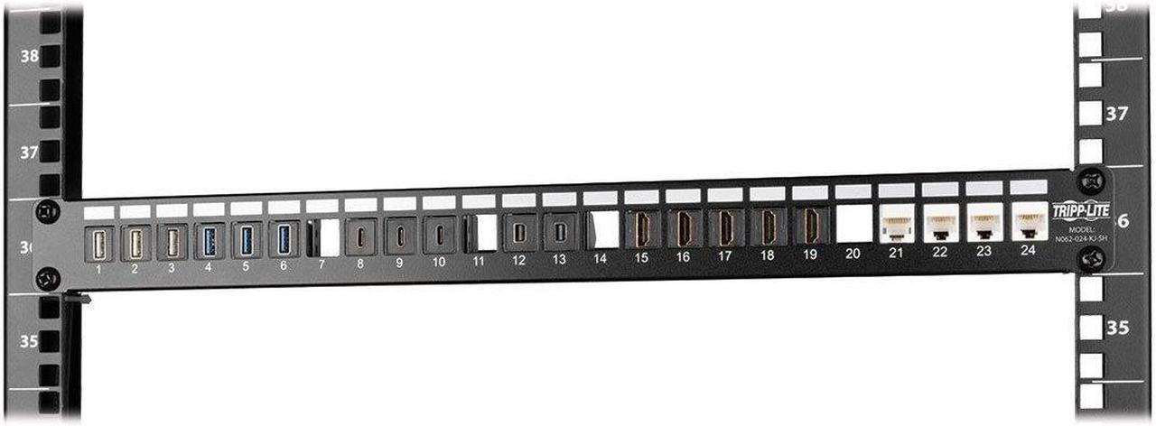 Tripp Lite 1U Patch Panel Rackmount 24-Port Shielded Blank Keystone, Multimedia, RJ45 Ethernet, USB, HDMI Cat5e Cat6 (N062-024-KJ-SH)