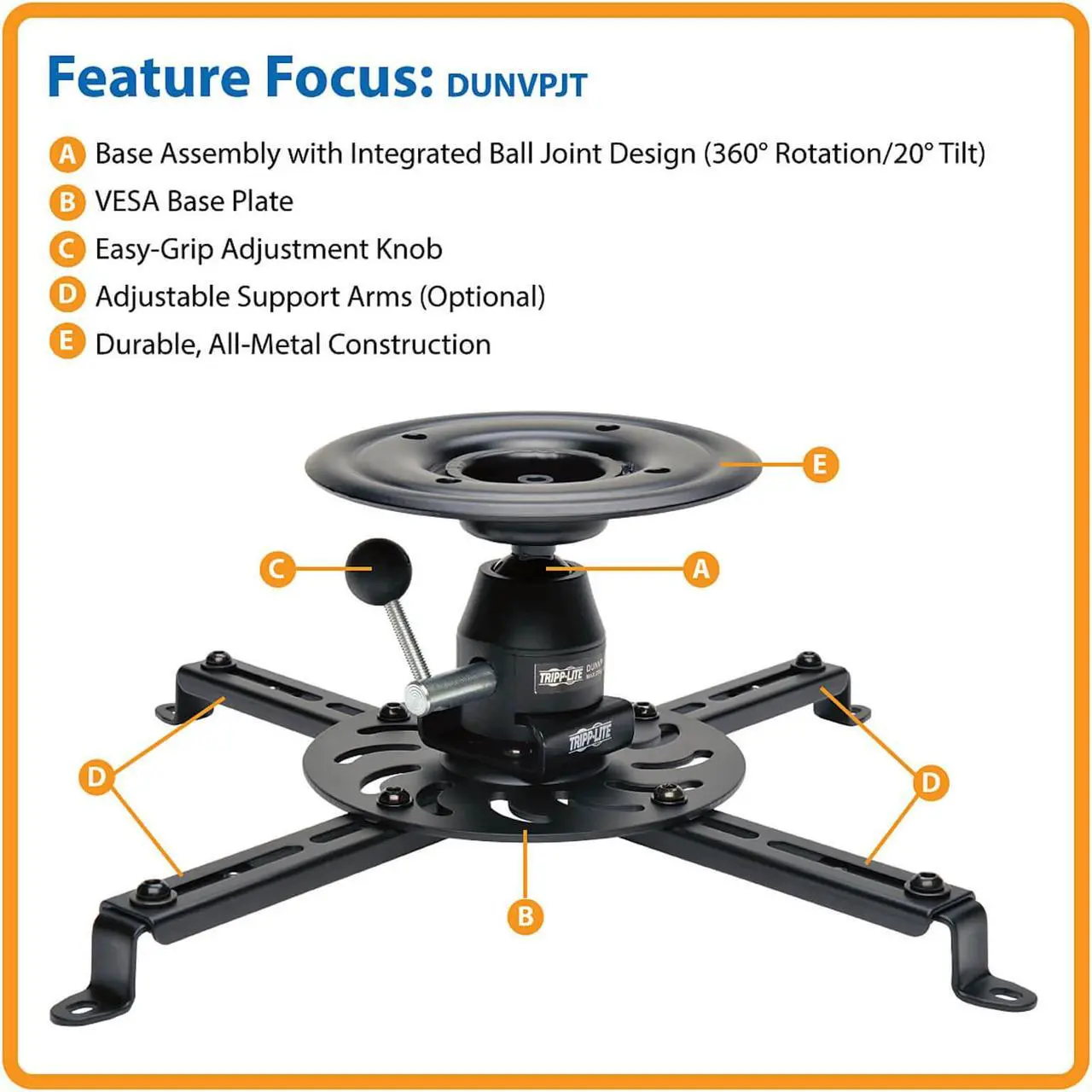 Alt view image 3 of 20 - Tripp Lite Full Motion Universal Ceiling Mount for Projectors (DUNVPJT)
