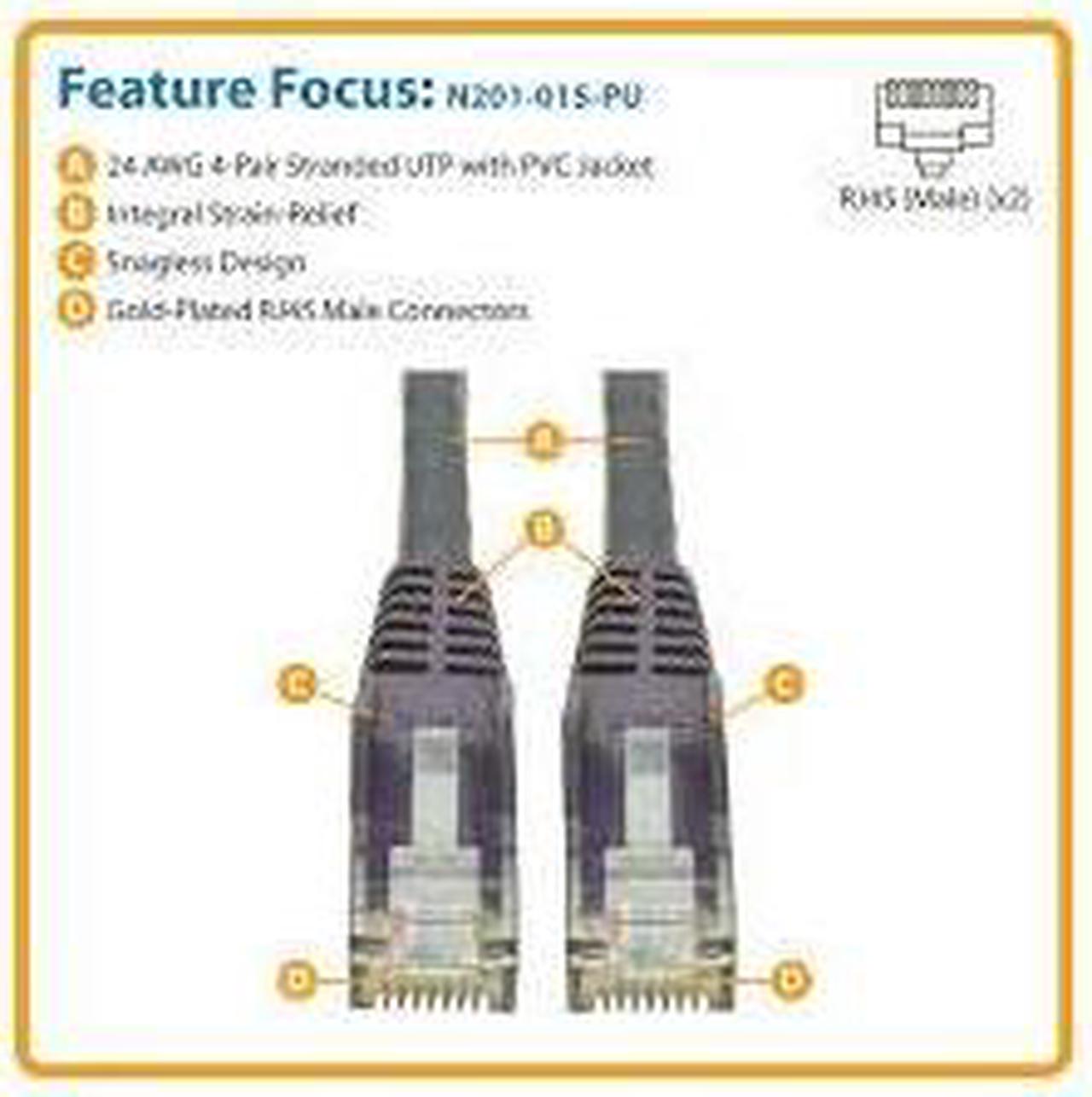 Main image of TRIPP LITE N201-015-PU 15 ft. Cat 6 Purple Snagless Molded UTP Patch Cable (RJ45 M/M)