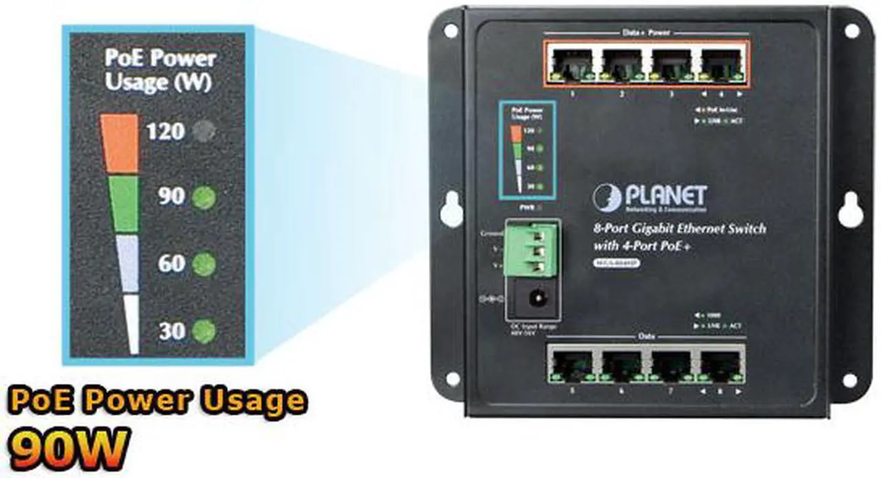 Alt view image 2 of 3 - PLANET Technology - WGS-804HP - Planet 8-Port 10/100/1000T Wall Mounted Gigabit Ethernet Switch with 4-Port PoE+ - 8