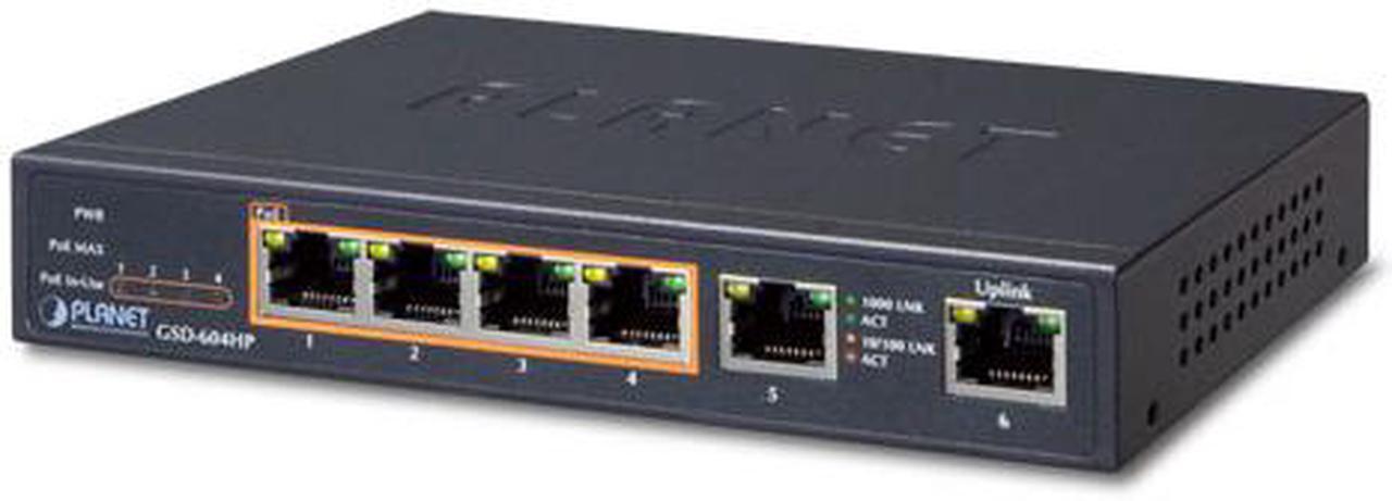 Main image of PLANET Technology - GSD-604HP - 4-Port 10/100/1000T 802.3at POE + 2-Port 10/100/1000T Desktop Switch (55W POE Budget,