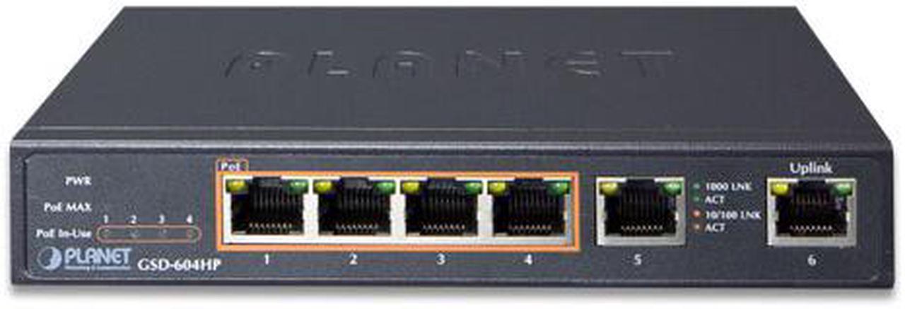 Alt view image 2 of 4 - PLANET Technology - GSD-604HP - 4-Port 10/100/1000T 802.3at POE + 2-Port 10/100/1000T Desktop Switch (55W POE Budget,