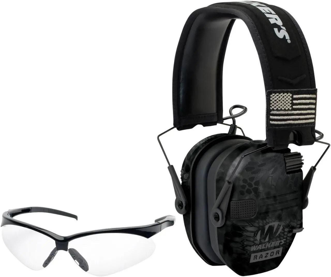Main image of Walker's Razor Slim Electronic Earmuff Patriot Series (Camo) and Glasses