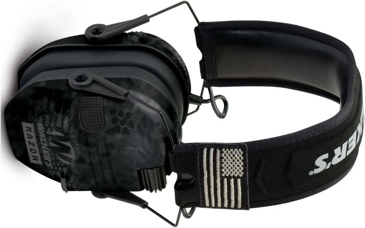Alt view image 5 of 7 - Walker's Razor Slim Electronic Earmuff Patriot Series (Camo) and Glasses