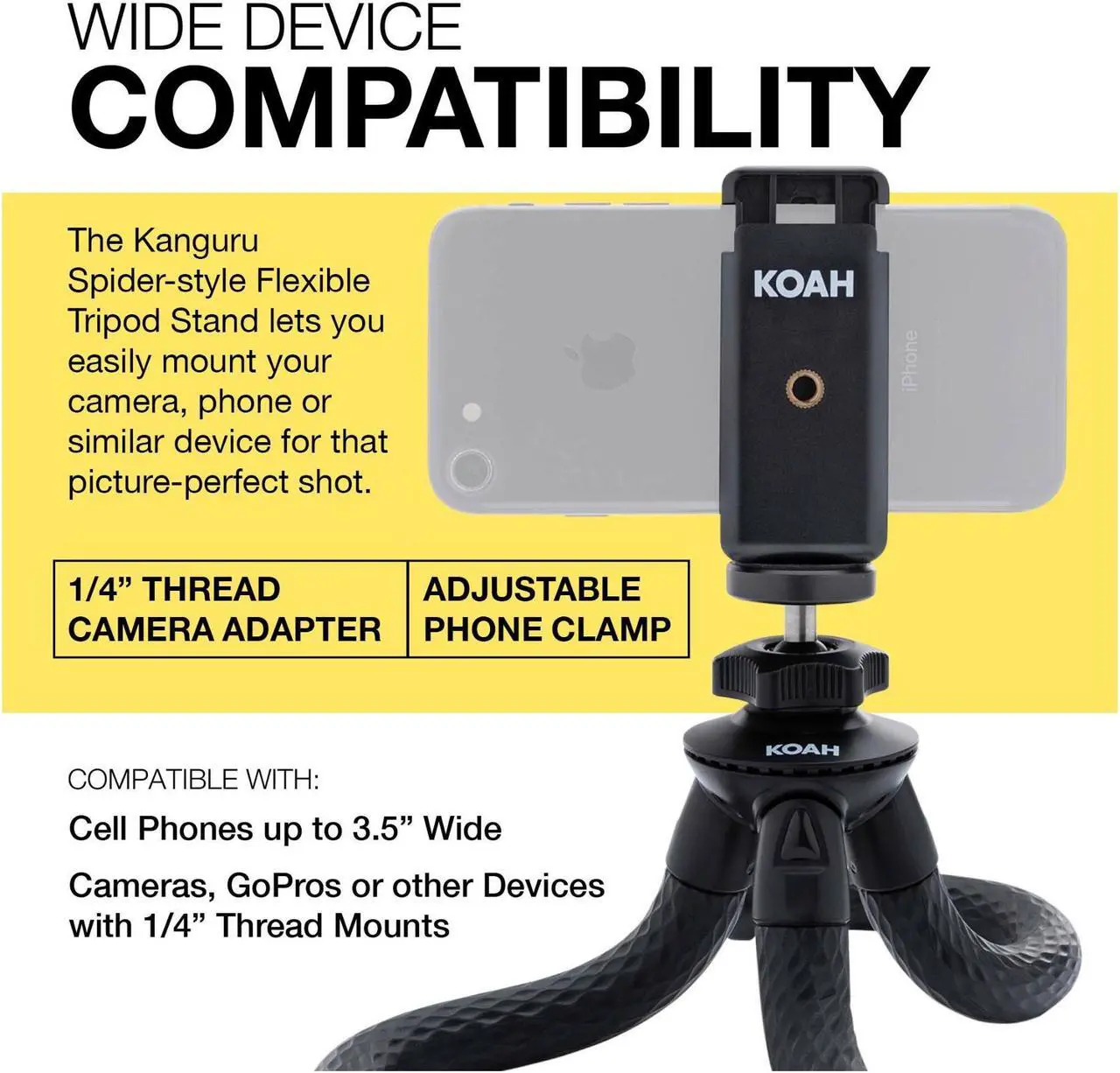 Alt view image 4 of 7 - Koah Kanguru 12in Flexible Waterproof Bluetooth iPhone/Android/GoPro/DSLR Tripod