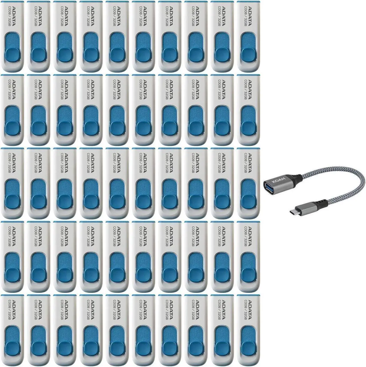 Main image of ADATA 32GB USB 2.0 Retractable Capless Flash Drive (White, 50-pack) with USB-C Adapter bundle
