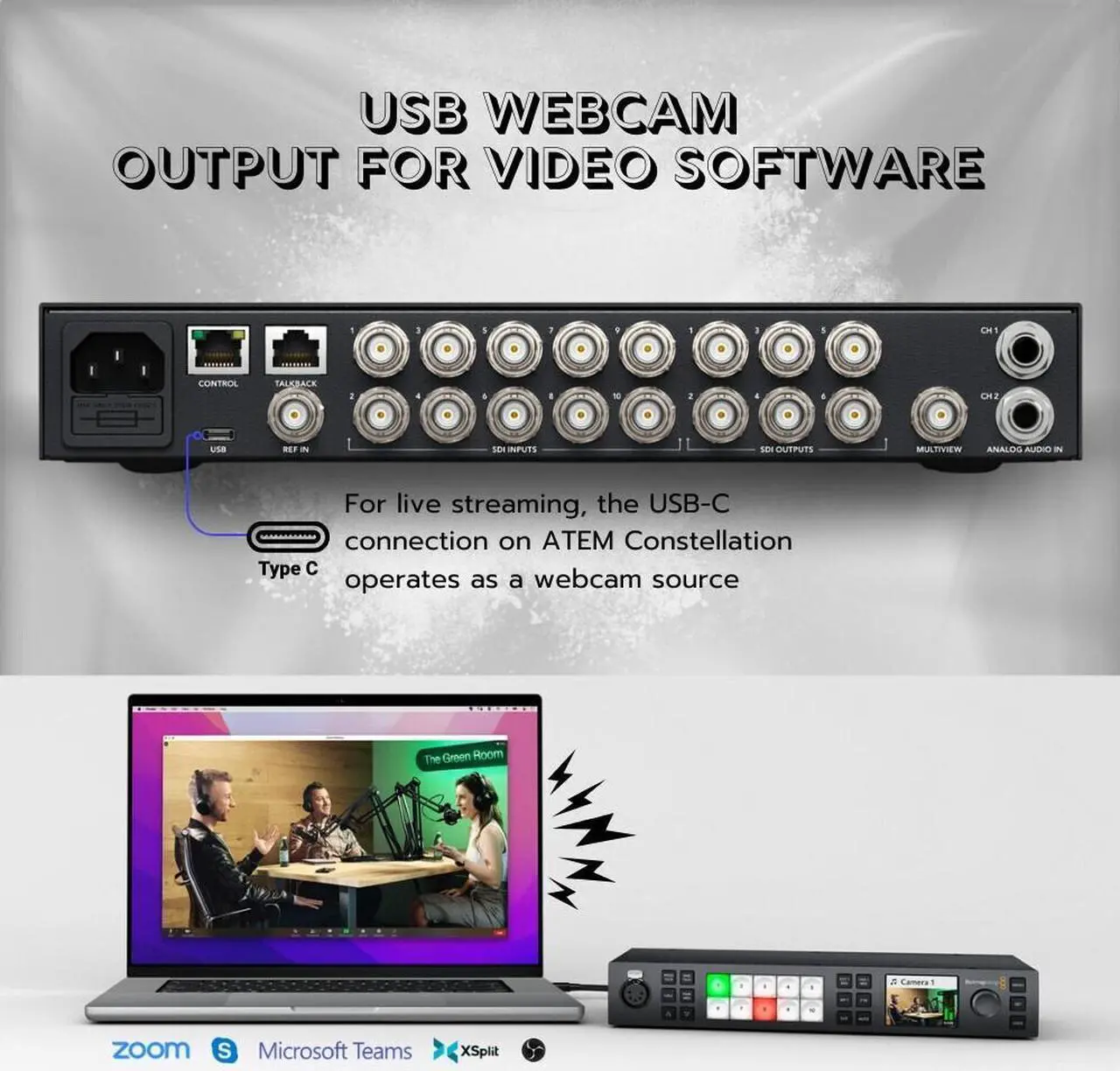 Alt view image 3 of 7 - Blackmagic Design ATEM 1 M/E Constellation 4K Live Production Switcher with Power Cord, Cat5e 10ft Black Patch Cable, SDI Cables, fastening Cable Ties, and 25' XLR Cable bundle