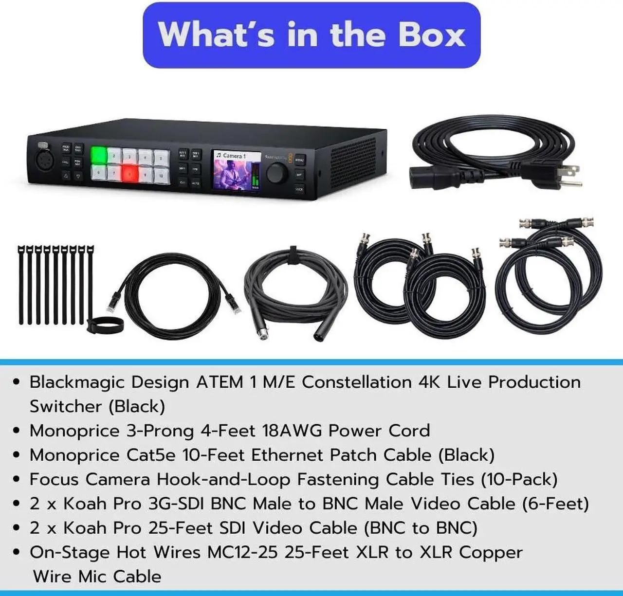 Alt view image 7 of 7 - Blackmagic Design ATEM 1 M/E Constellation 4K Live Production Switcher with Power Cord, Cat5e 10ft Black Patch Cable, SDI Cables, fastening Cable Ties, and 25' XLR Cable bundle