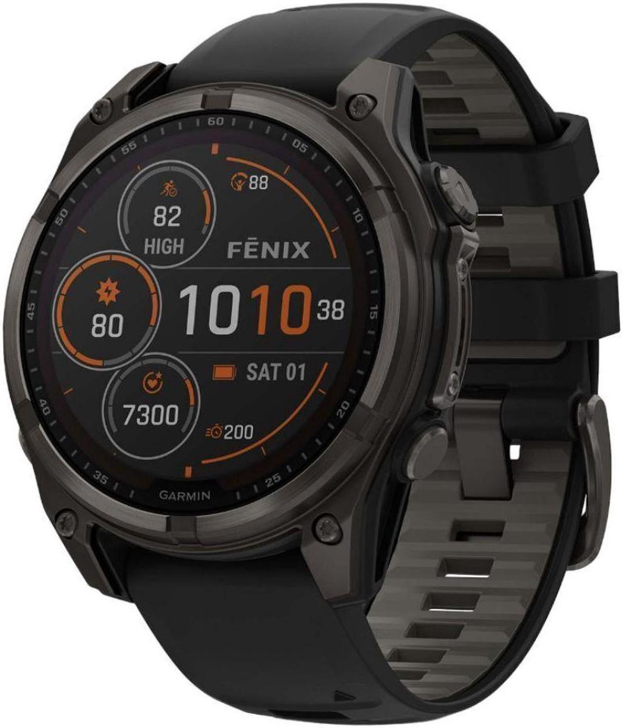 Alt view image 2 of 15 - Garmin fnix® 8 - 47 mm, Solar, AMOLED, Sapphire, Premium Multisport GPS Smartwatch, Long-Lasting Battery Life, Dive-Rated, Built-in LED Flashlight, Carbon Gray DLC Titanium with Pebble Gray Band