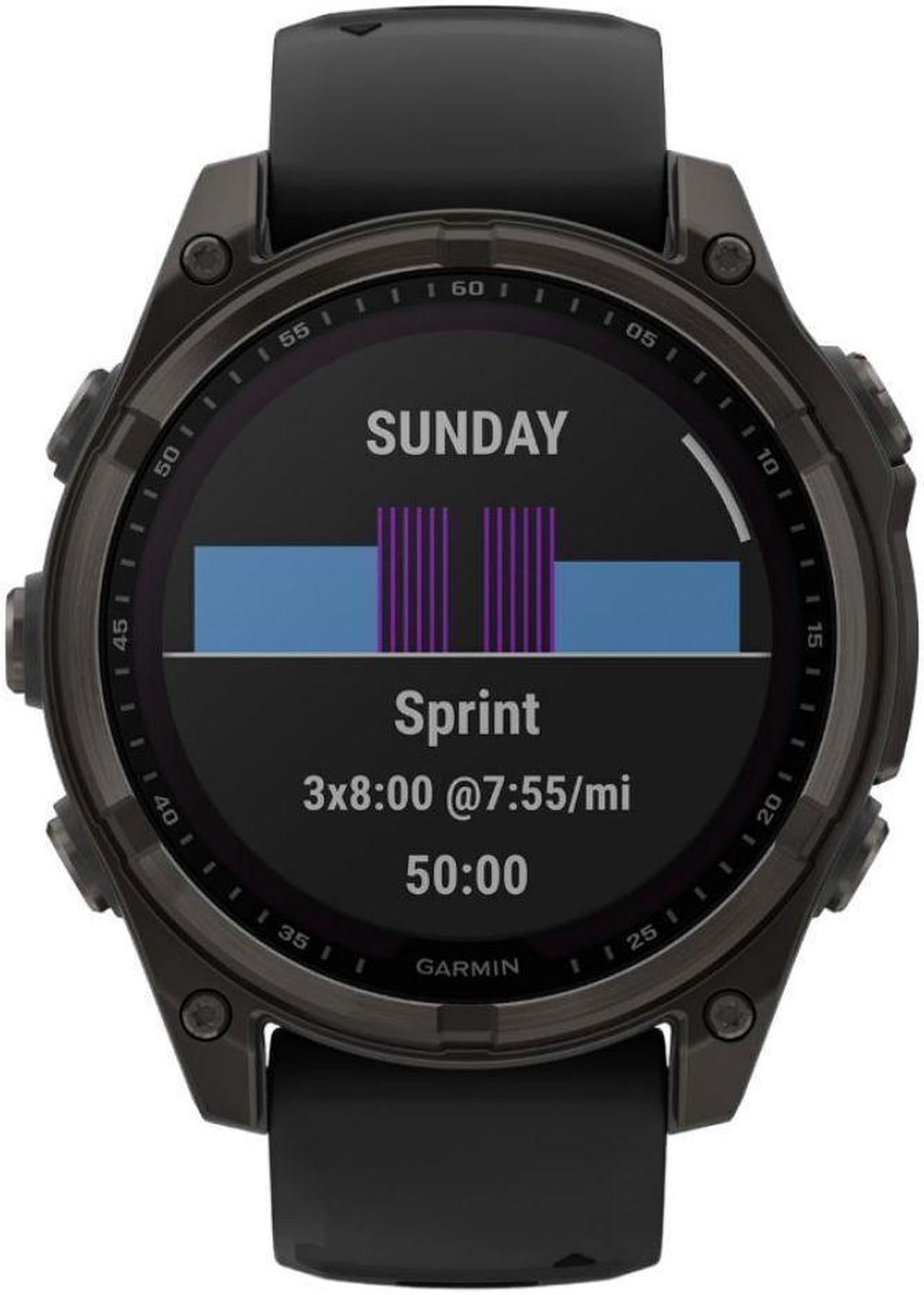 Alt view image 3 of 15 - Garmin fnix® 8 - 47 mm, Solar, AMOLED, Sapphire, Premium Multisport GPS Smartwatch, Long-Lasting Battery Life, Dive-Rated, Built-in LED Flashlight, Carbon Gray DLC Titanium with Pebble Gray Band