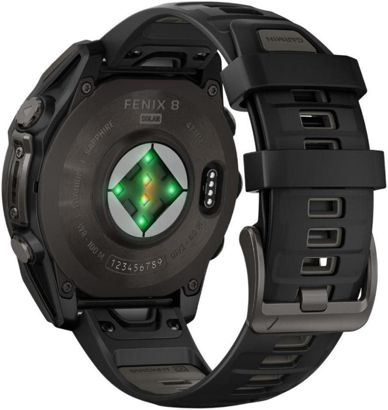 Alt view image 7 of 15 - Garmin fnix® 8 - 47 mm, Solar, AMOLED, Sapphire, Premium Multisport GPS Smartwatch, Long-Lasting Battery Life, Dive-Rated, Built-in LED Flashlight, Carbon Gray DLC Titanium with Pebble Gray Band