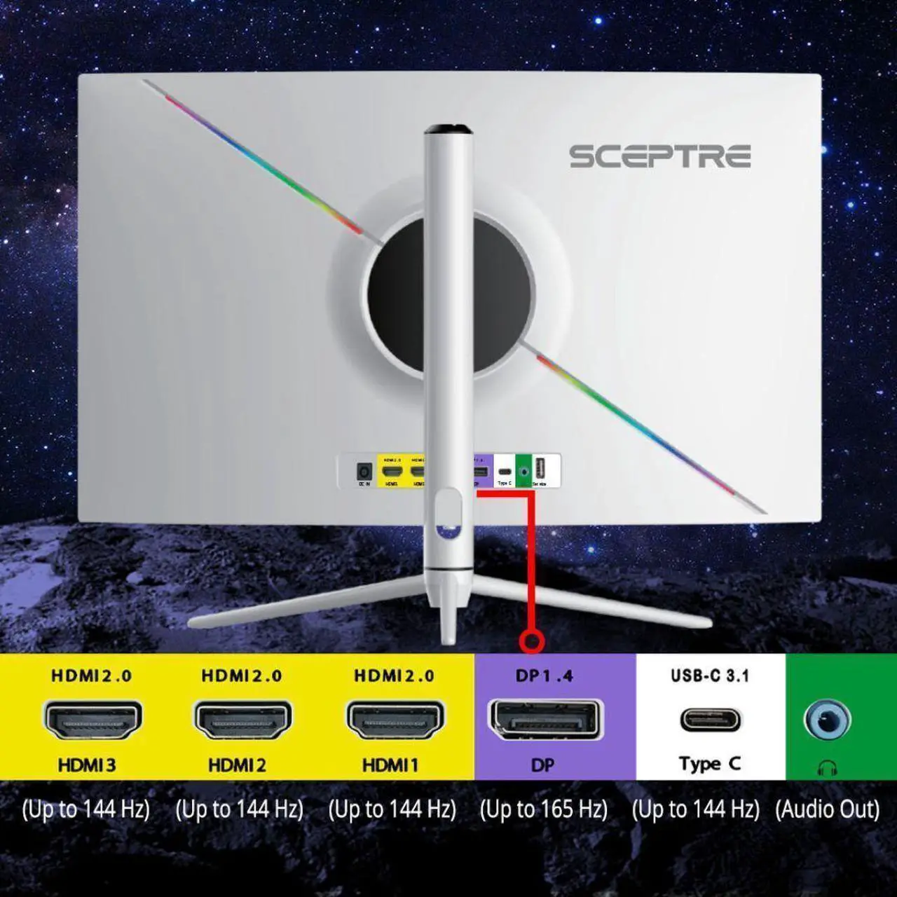 Alt view image 10 of 12 - Sceptre Curved 32-inch QHD Gaming Monitor 2560 x 1440 up to 165Hz 144Hz 1ms HDR1000 99% sRGB, Light Sensor Height Adjustable DP HDMI USB Type C 3.1 Build-in Speakers Nebula White (C325B-QWN168W)