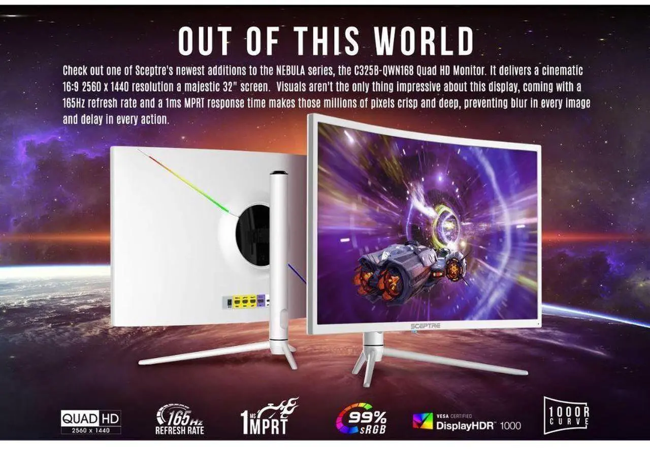 Alt view image 11 of 12 - Sceptre Curved 32-inch QHD Gaming Monitor 2560 x 1440 up to 165Hz 144Hz 1ms HDR1000 99% sRGB, Light Sensor Height Adjustable DP HDMI USB Type C 3.1 Build-in Speakers Nebula White (C325B-QWN168W)