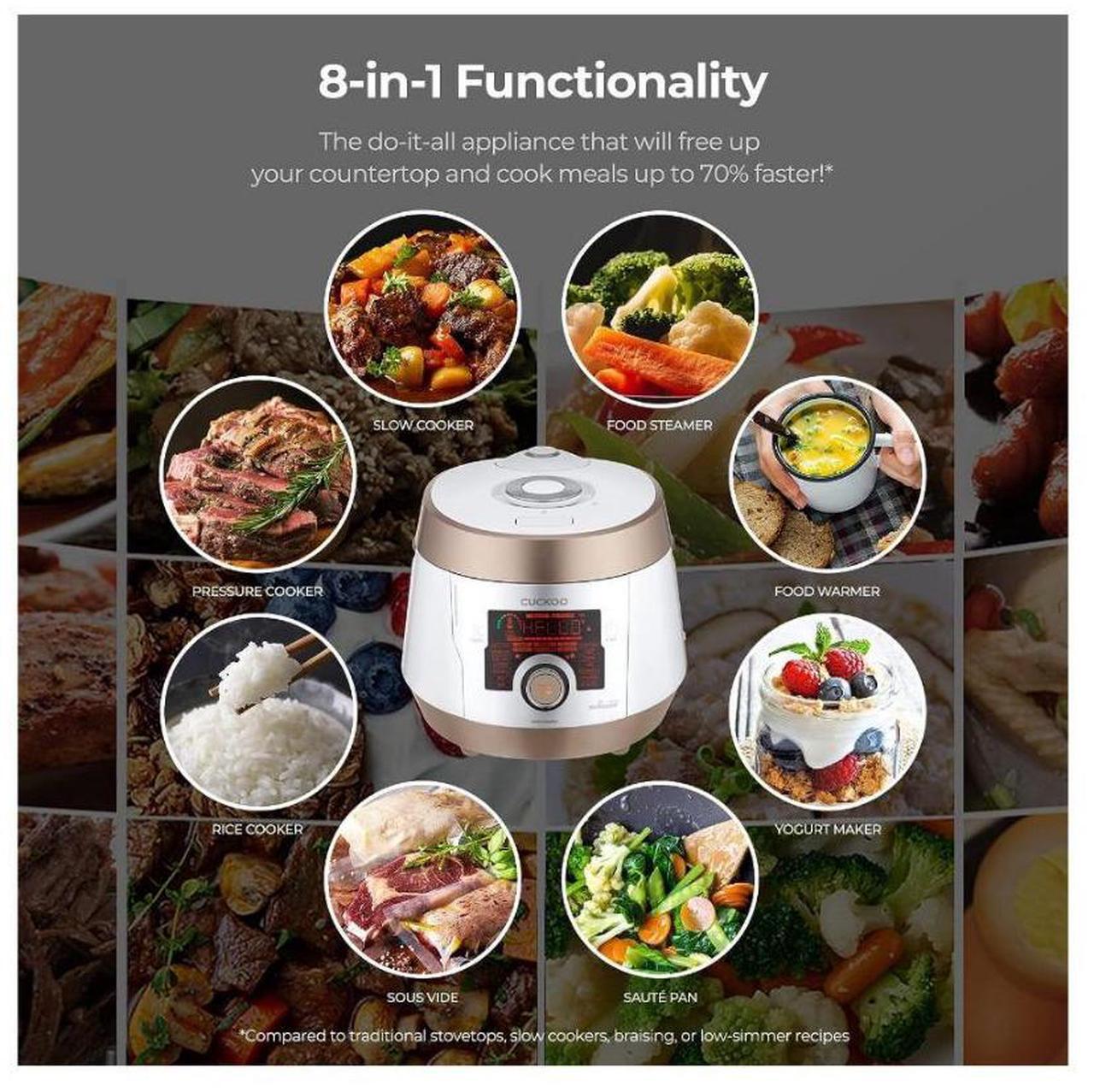 Alt view image 6 of 6 - CUCKOO 8 In 1 Multi Pressure 5 Quart Stainless Steel Gold and White Cooker
