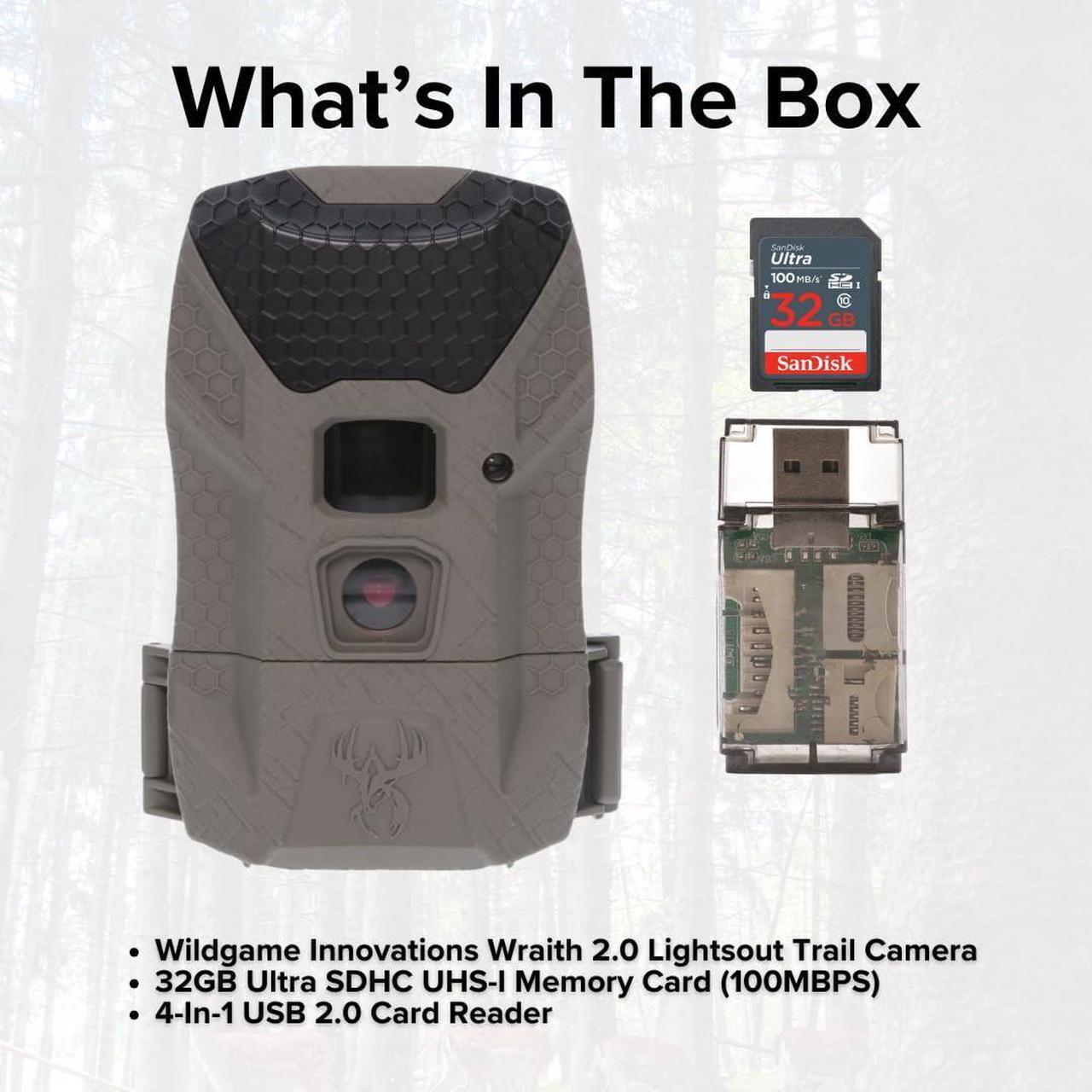 Alt view image 6 of 6 - Wildgame Innovations Wraith 2.0 Lightsout Trail Camera with 40 Infrared LEDs Bundle with 32GB Ultra SDHC UHS-I Memory Card and 4-In-1 USB Card Reader (3 Items)