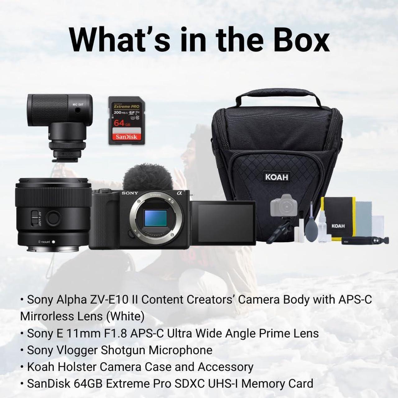 Alt view image 7 of 7 - Sony Alpha ZV-E10 II Content Creators Camera Body (Black) Bundle with Sony Ultra Wide Angle Prime Lens, Vlogger Shotgun Microphone, Holster Camera Case, and 64GBSDXC UHS-I Memory Card (5 Items)