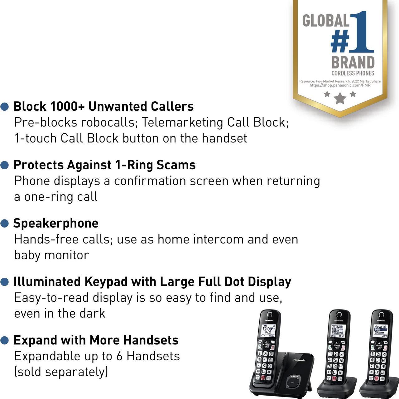 Alt view image 6 of 7 - Panasonic 3x Handsets Dect 6.0 Expandable System Cordless Phone with Advanced Call Block, Bilingual Caller ID & Easy to Read Display (Black)