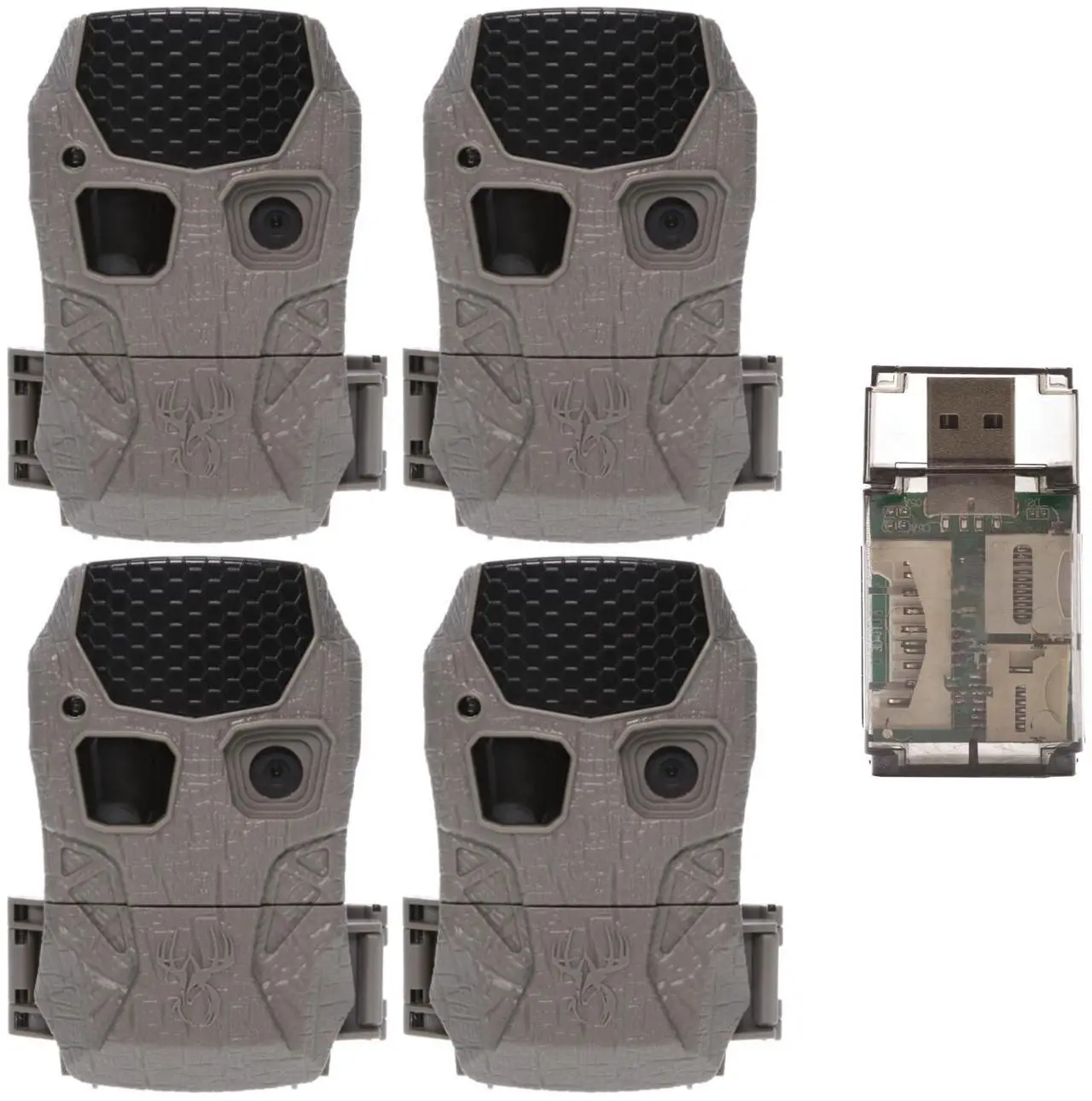 Main image of Wildgame Innovations Kicker 2.0 Lightsout Trail Camera with 18MP Resolution and 720p Video Capture (4-Pack) Bundle with All-in-One Card Reader and 32GB Memory Card (4-Pack) (9 Items)