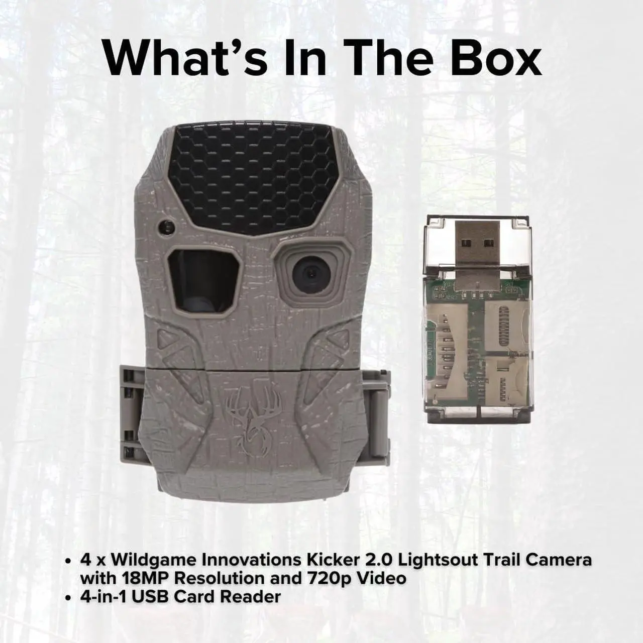 Alt view image 6 of 6 - Wildgame Innovations Kicker 2.0 Lightsout Trail Camera with 18MP Resolution and 720p Video Capture (4-Pack) Bundle with All-in-One Card Reader and 32GB Memory Card (4-Pack) (9 Items)