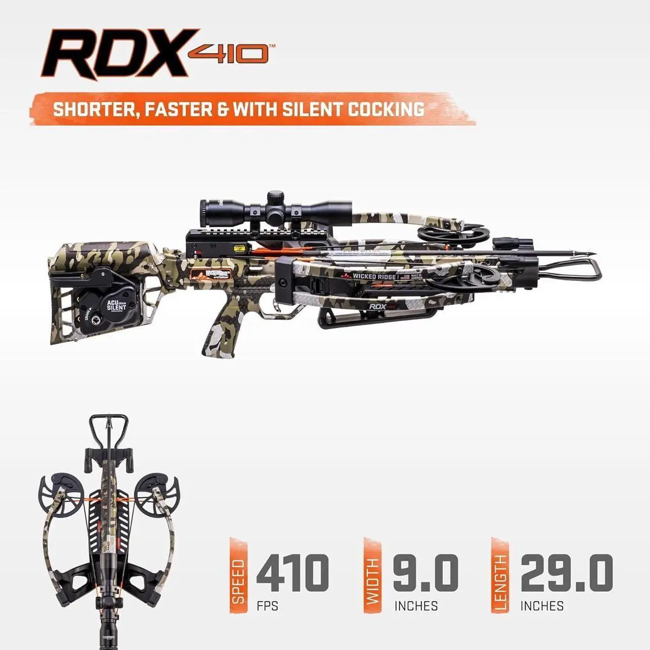 Alt view image 2 of 7 - TenPoint Wicked Ridge RDX 410 Reverse-Draw Crossbow with ACUdraw Silent Cocking Device and Pro-View 400 Scope
