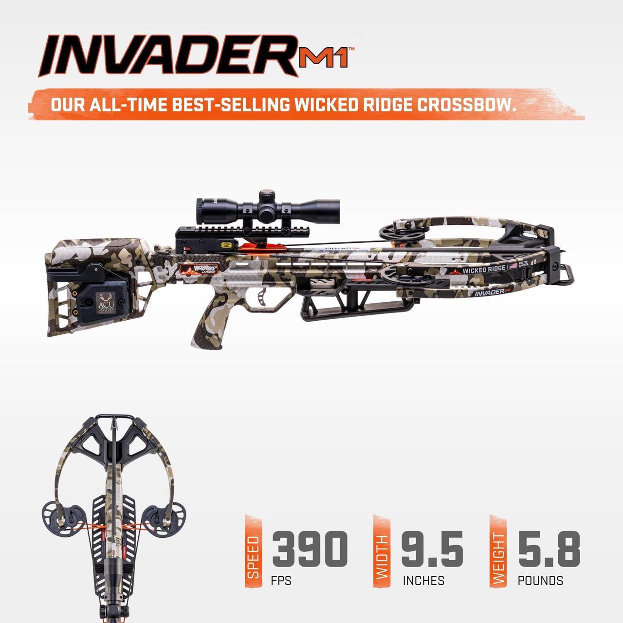 Alt view image 7 of 7 - TenPoint Invader M1 Wicked Ridge Compact Profile Crossbow with Built-In ACUdraw Cocking Device and Pro-View 400 Scope (Peak XT)