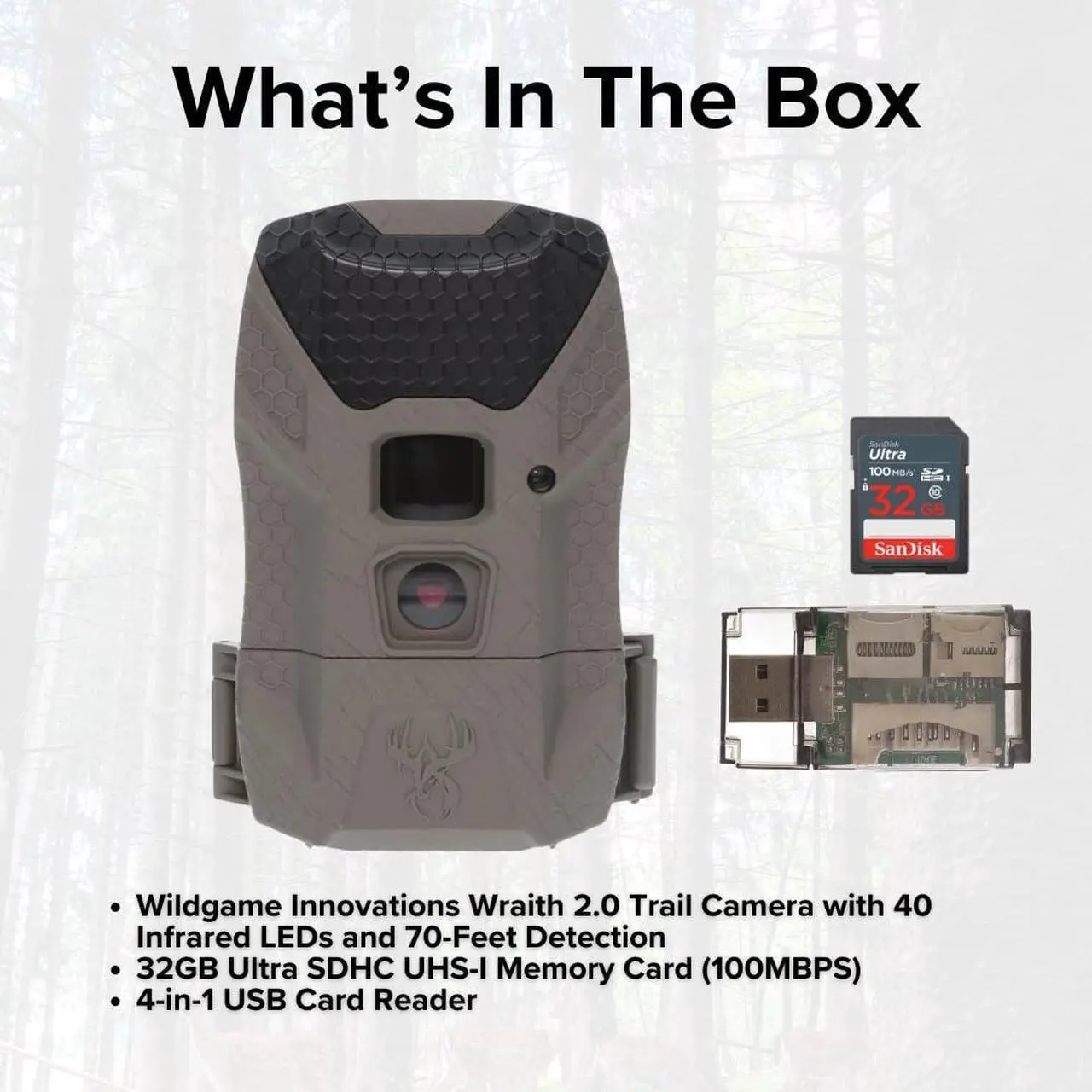 Alt view image 7 of 7 - Wildgame Innovations Wraith 2.0 Trail Camera Bundle with 32GB Ultra SDHC UHS-I Memory Card and 4-in-1 USB Card Reader (3 Items)