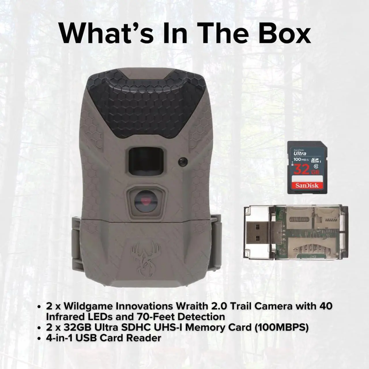 Alt view image 7 of 7 - Wildgame Innovations Wraith 2.0 Trail Camera (2-Pack) Bundle with 32GB Ultra SDHC UHS-I Memory Card (2-Pack) and 4-in-1 USB Card Reader (5 Items)