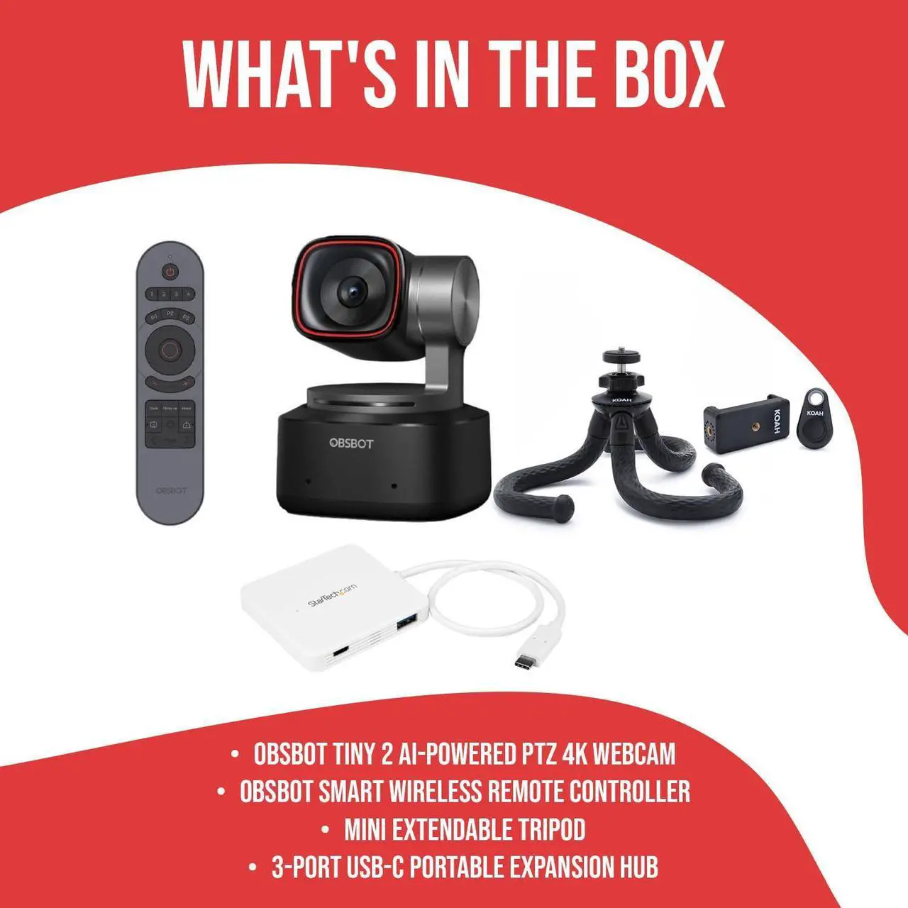 Alt view image 7 of 7 - OBSBOT Tiny 2 AI-Powered PTZ 4K Webcam with Dual Native ISO Technology Bundle with OBSBOT Smart Wireless Remote Controller (Gray), Extendable Tripod, and Portable Expansion Hub (4 Items)