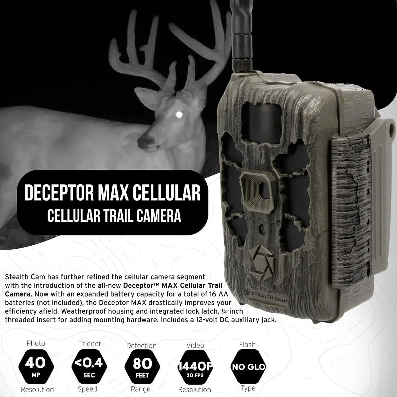 Alt view image 2 of 7 - Stealth Cam 40MP Deceptor Max Cellular Trail Camera with 0.4-Second Trigger Speed (2-Pack) Bundle with 5000mAh Solar Battery (2-Pack), Card Reader, and 32GB Memory Card (2-Pack) (6 Items)