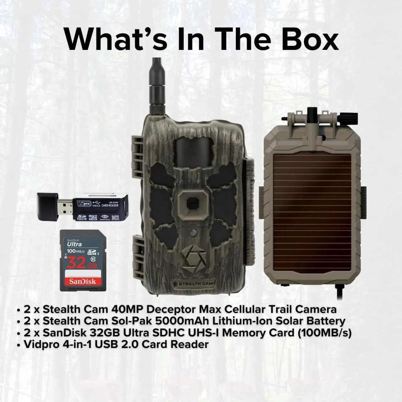Alt view image 6 of 7 - Stealth Cam 40MP Deceptor Max Cellular Trail Camera with 0.4-Second Trigger Speed (2-Pack) Bundle with 5000mAh Solar Battery (2-Pack), Card Reader, and 32GB Memory Card (2-Pack) (6 Items)