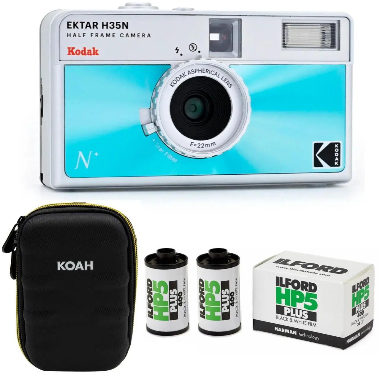 Main image of Kodak Ektar H35N 35mm Half Frame Film Camera with Star Filter and Tripod Support (Glazed Blue) Bundle with Black and White 35mm Roll Film (36 Exposures) (2-Pack) and Case (Black) (4 Items)