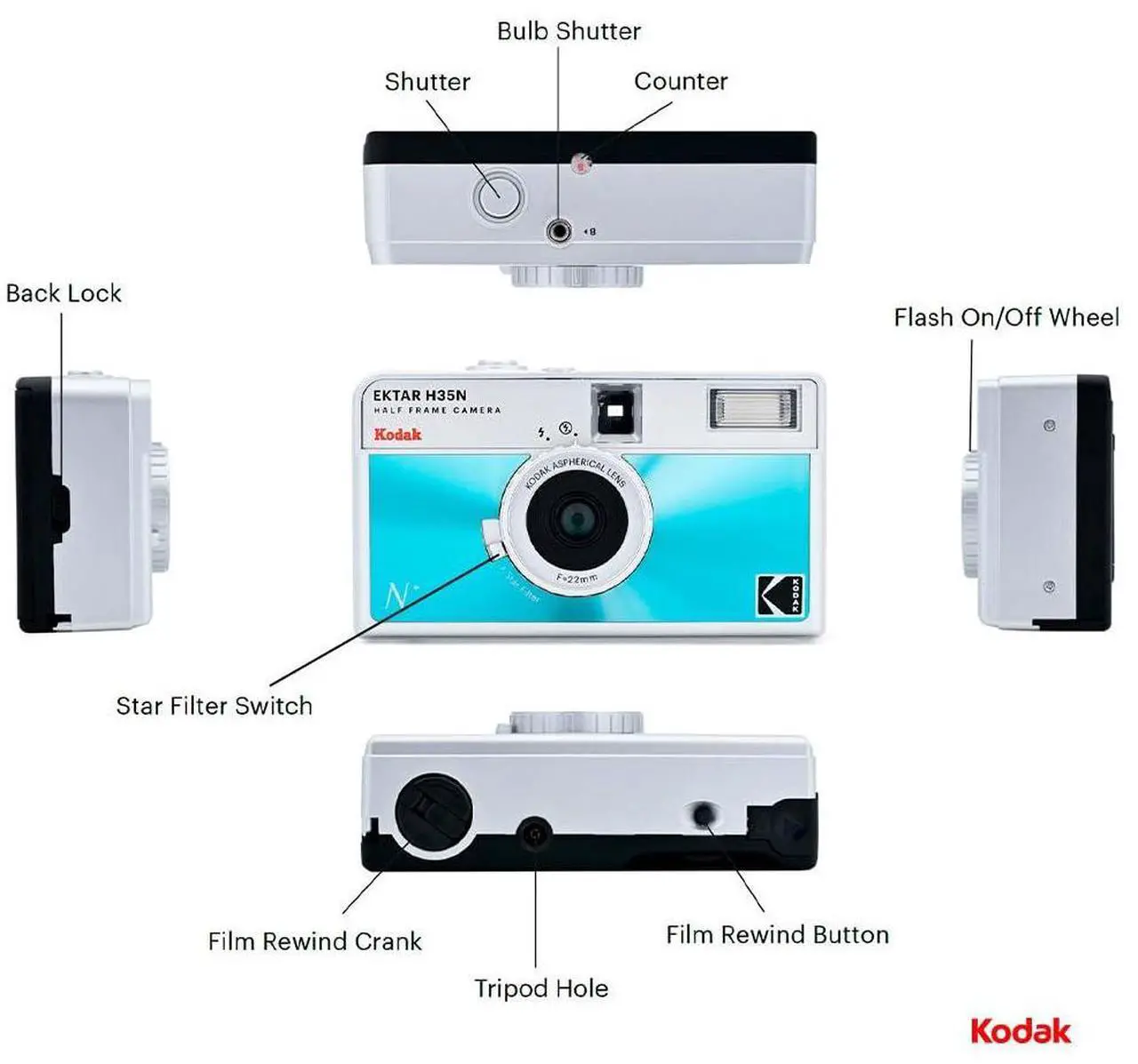 Alt view image 6 of 7 - Kodak Ektar H35N 35mm Half Frame Film Camera with Star Filter and Tripod Support (Glazed Blue) Bundle with Black and White 35mm Roll Film (36 Exposures) (2-Pack) and Case (Black) (4 Items)