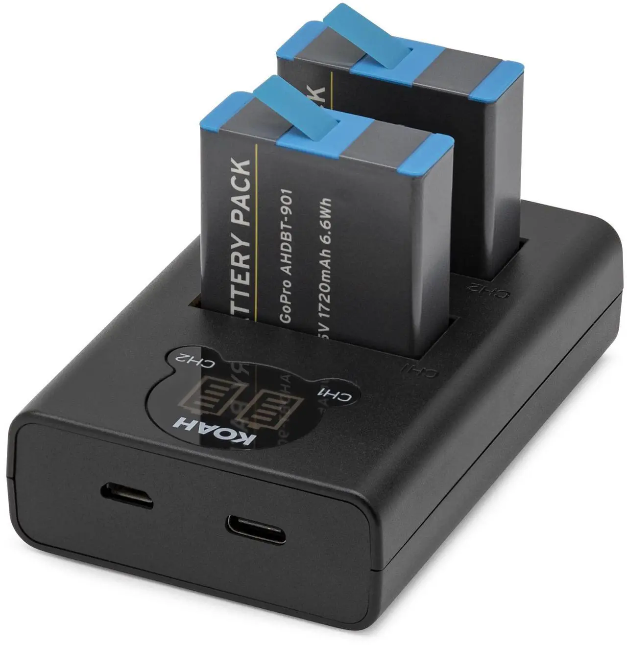 Alt view image 2 of 7 - Koah Pro 2-Pack Rechargeable Lithium-Ion Battery Kit for GoPro HERO10/9 Black with Koah Dual Battery LCD Charger, compatible but not official GoPro HERO action camera accessory, includes USB-C cable