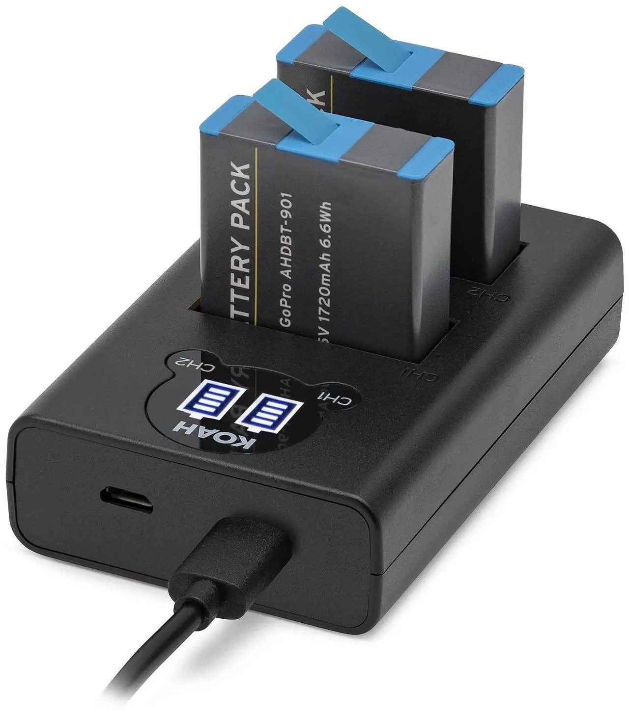 Alt view image 4 of 7 - Koah Pro 2-Pack Rechargeable Lithium-Ion Battery Kit for GoPro HERO10/9 Black with Koah Dual Battery LCD Charger, compatible but not official GoPro HERO action camera accessory, includes USB-C cable