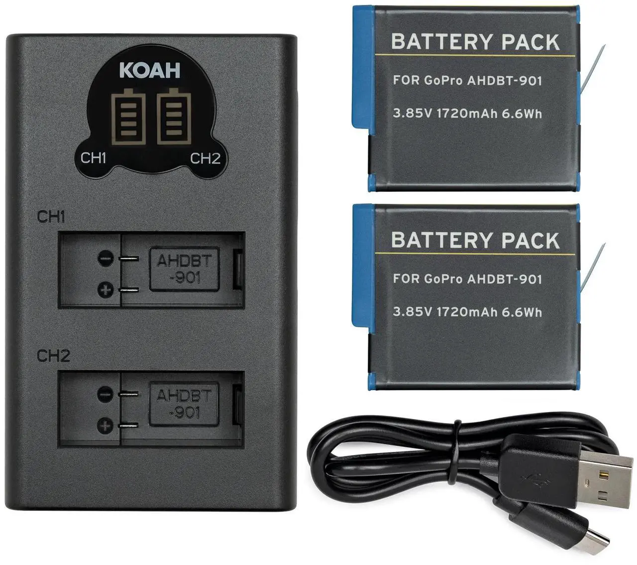 Alt view image 5 of 7 - Koah Pro 2-Pack Rechargeable Lithium-Ion Battery Kit for GoPro HERO10/9 Black with Koah Dual Battery LCD Charger, compatible but not official GoPro HERO action camera accessory, includes USB-C cable