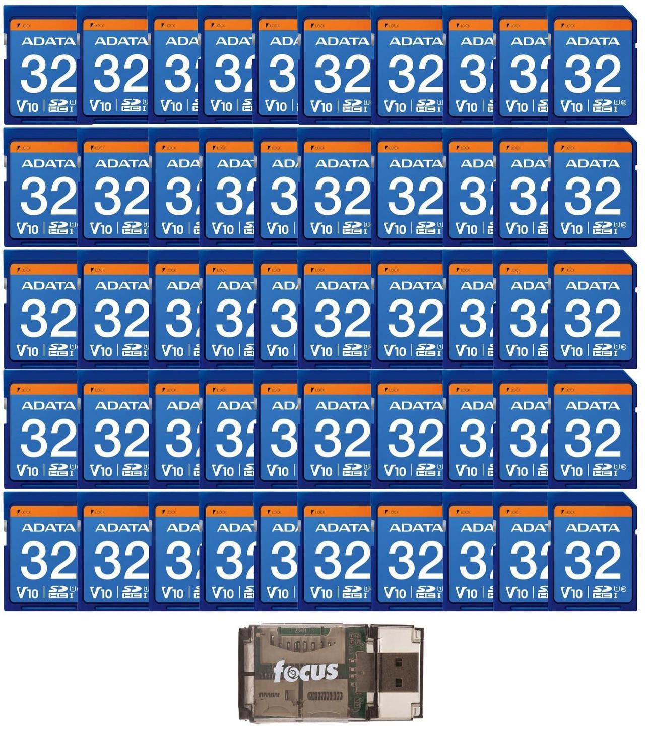 Main image of ADATA Premier 32GB SDHC UHS-I U1 Waterproof Shockproof Anti-Static Memory Card for Digital Cameras (50-Pack) Bundle with Focus All-In-One High Speed Card Reader (51 Items)