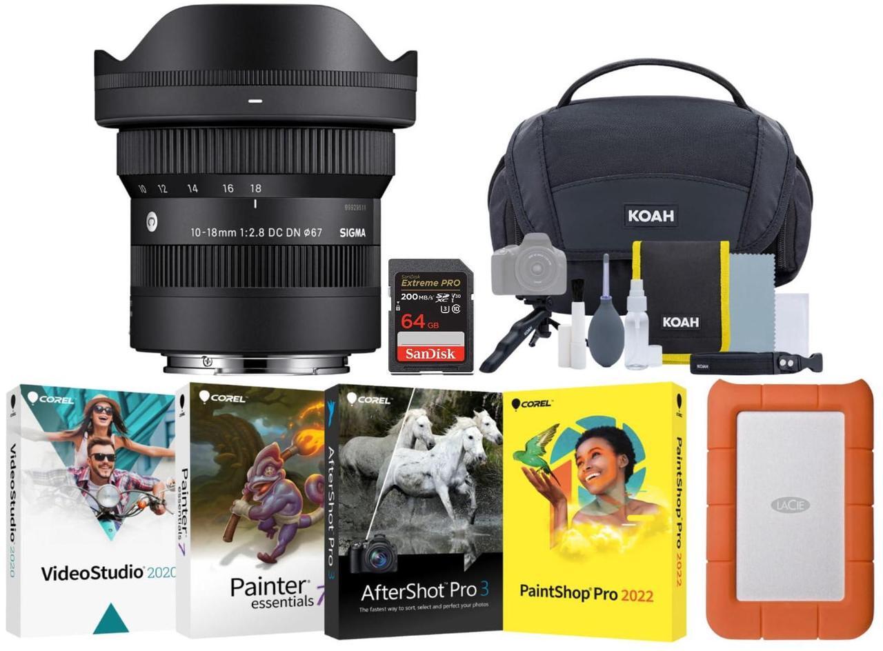 Main image of SIGMA 10-18 mm F2.8 DC DN Ultra-Wide Zoom Lens for Sony E Mount - High-Performance Photography Lens Bundle with 1TB Portable Hard Drive, Photo Editing Software, 64GB SD Card, and Storage Bag (5 Items)