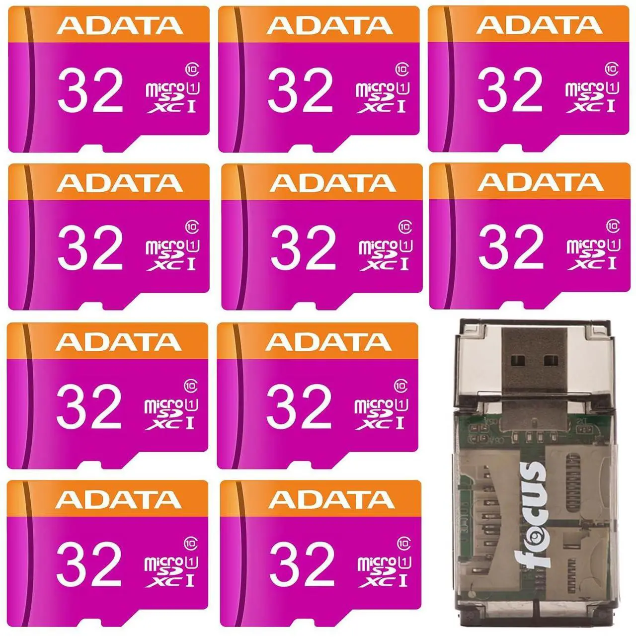 Main image of ADATA Premier 32GB UHS I Class10 MicroSDHC Memory Card with Adapter (10-pack) with All-In-One High Speed Card Reader bundle (11 Items)