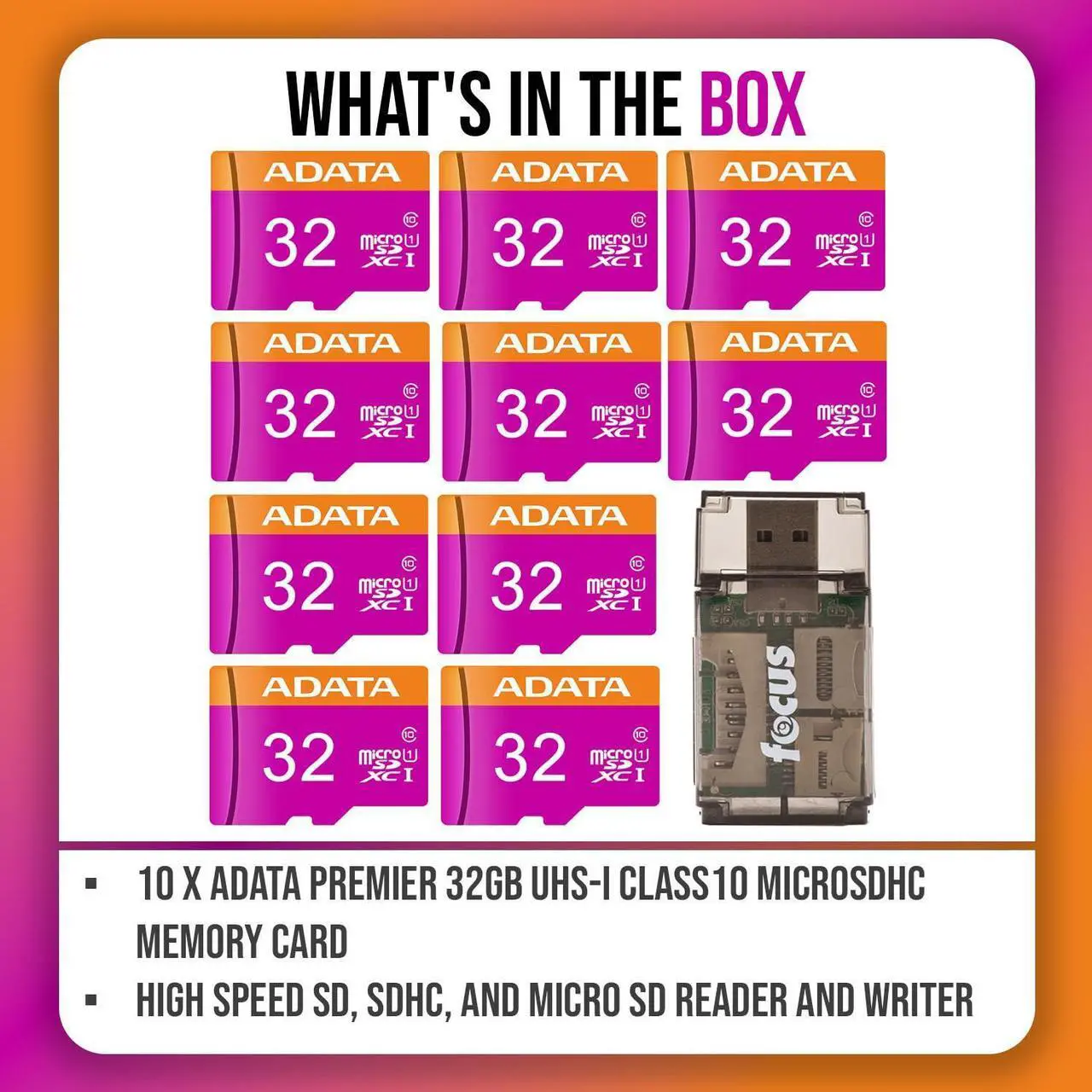 Alt view image 6 of 6 - ADATA Premier 32GB UHS I Class10 MicroSDHC Memory Card with Adapter (10-pack) with All-In-One High Speed Card Reader bundle (11 Items)