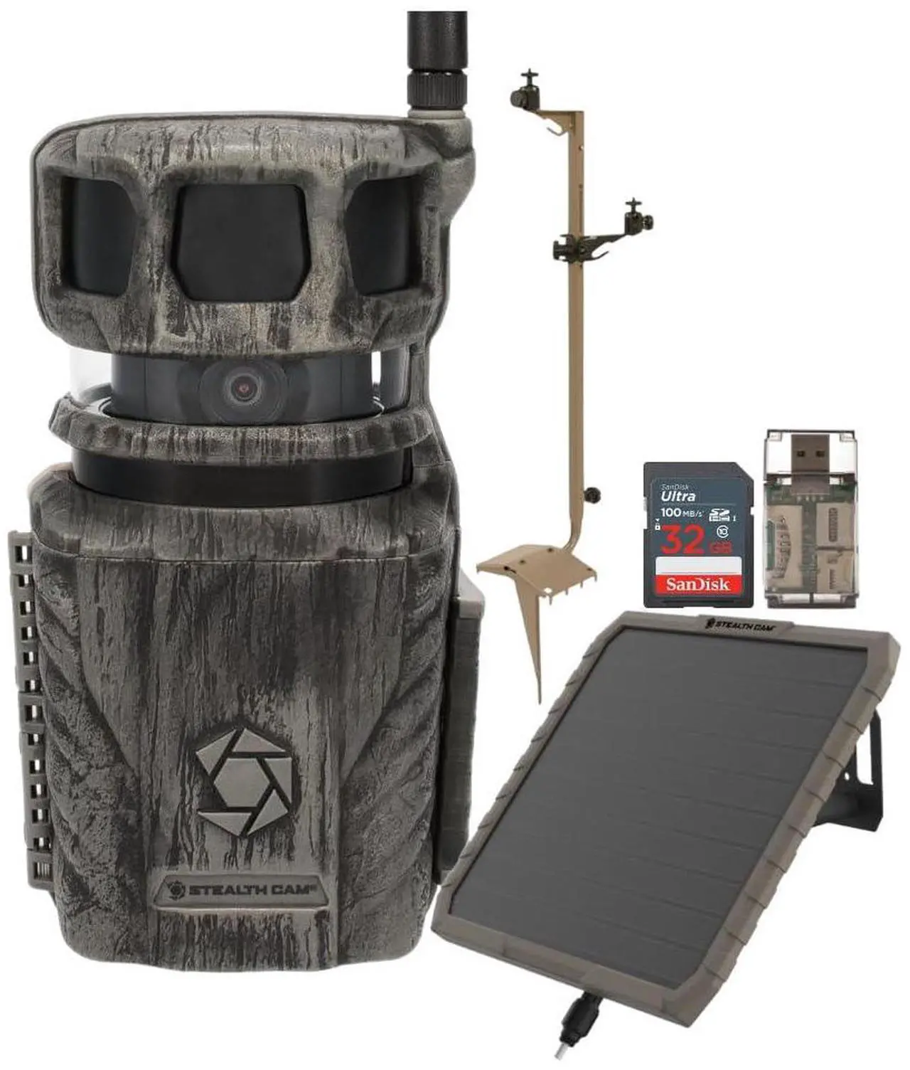 Main image of Stealth Cam Revolver 36MP 360-Degree Cellular Trail Camera Bundle with FieldMax 3000 mAh Solar Battery Pack, Adjustable Multi-Pivot Mounting Post, 32GB Memory Card, and SD Card Reader (5 Items)