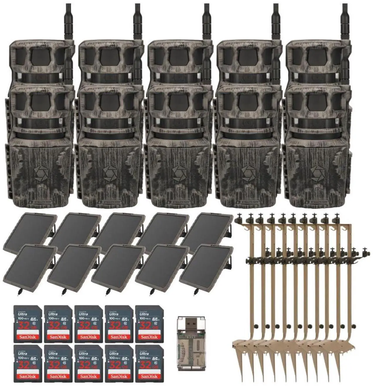 Main image of Stealth Cam Revolver 36MP 360-Degree Cellular Trail Camera (10-Pack) Bundle with Solar Battery Pack (10-Pack), Mounting Post (10-Pack), 32GB Memory Card (10-Pack), and SD Card Reader (41 Items)