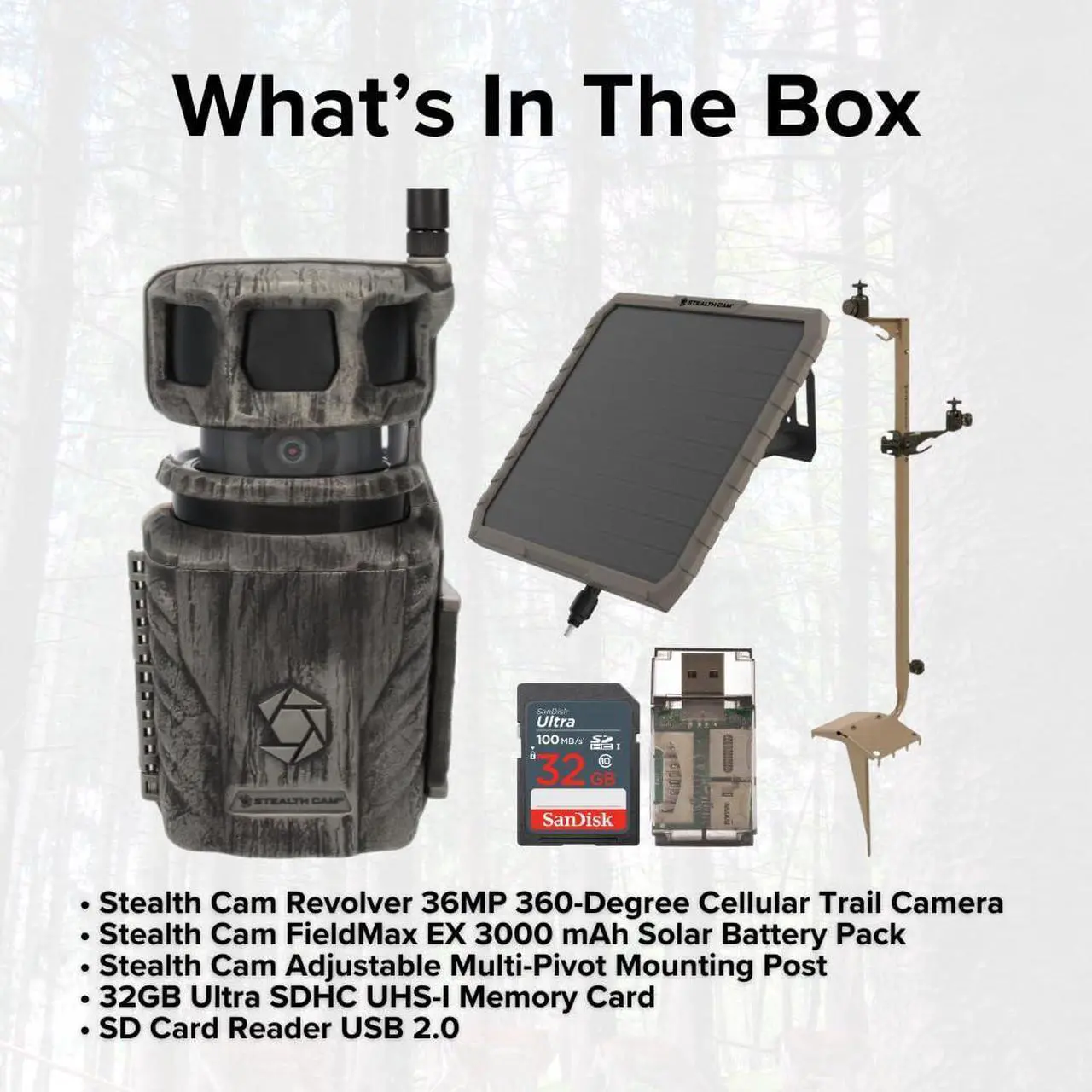 Alt view image 7 of 7 - Stealth Cam Revolver 36MP 360-Degree Cellular Trail Camera Bundle with FieldMax 3000 mAh Solar Battery Pack, Adjustable Multi-Pivot Mounting Post, 32GB Memory Card, and SD Card Reader (5 Items)