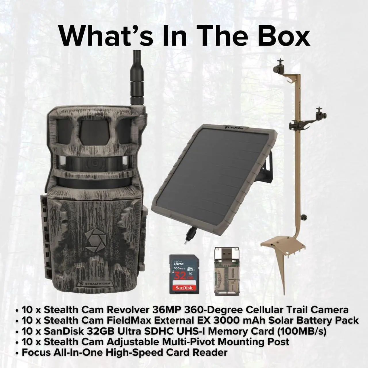 Alt view image 7 of 7 - Stealth Cam Revolver 36MP 360-Degree Cellular Trail Camera (10-Pack) Bundle with Solar Battery Pack (10-Pack), Mounting Post (10-Pack), 32GB Memory Card (10-Pack), and SD Card Reader (41 Items)