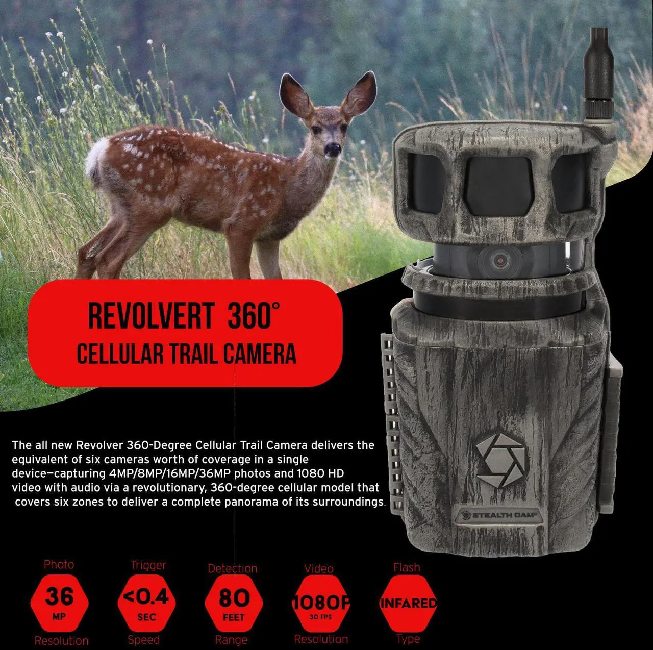 Alt view image 2 of 7 - Stealth Cam Revolver 36MP 360-Degree Cellular Trail Camera with 1/4-Inch Threaded Mount Bundle with Stealth Cam Sol-Pak 5000mAh Solar Battery, 32GB Memory Card, and Card Reader (4 Items)